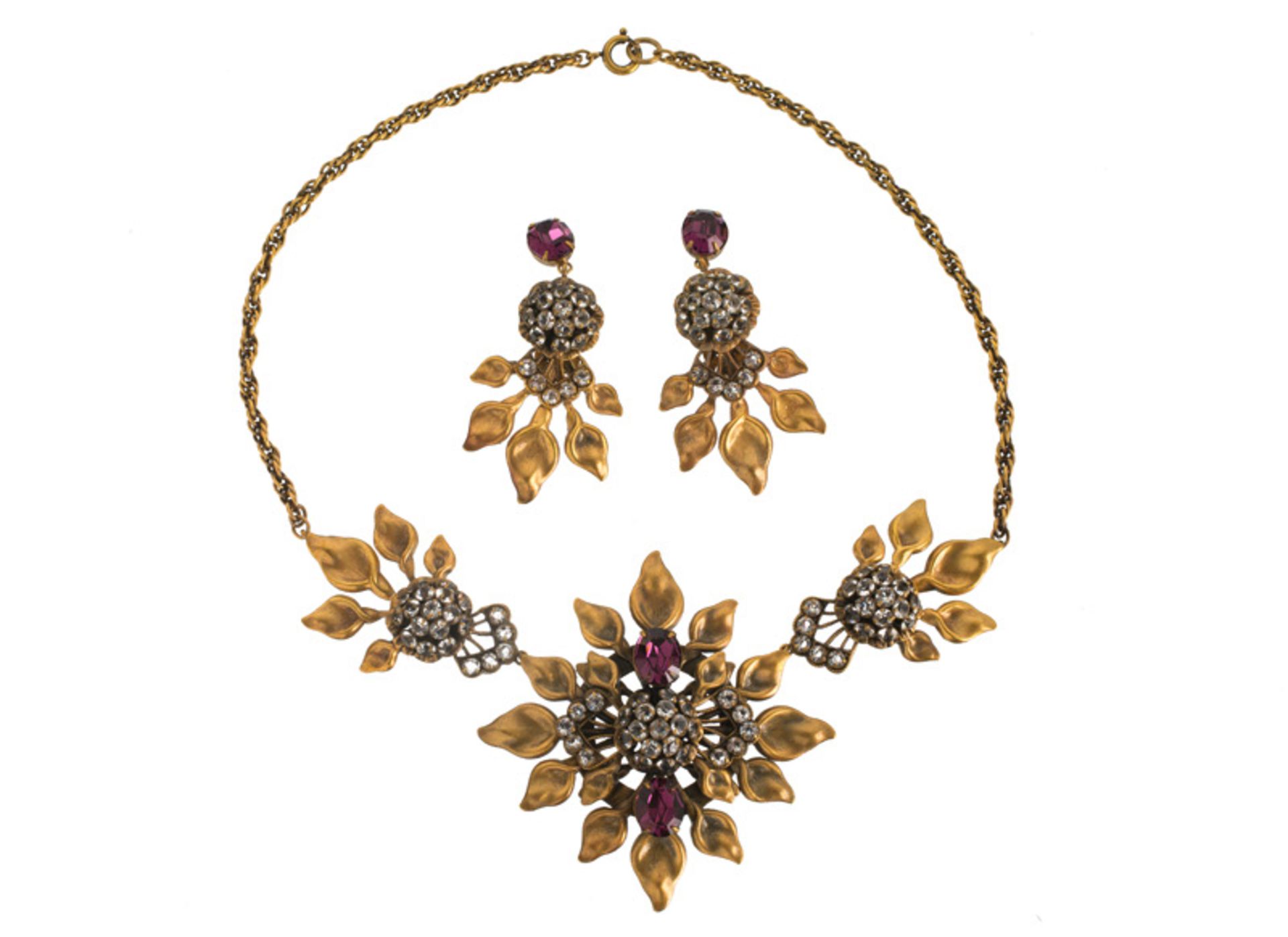 A Joseff Hollywood goldtone necklace and pair of earclips, set with purple stones and rhinestones. - Image 2 of 2