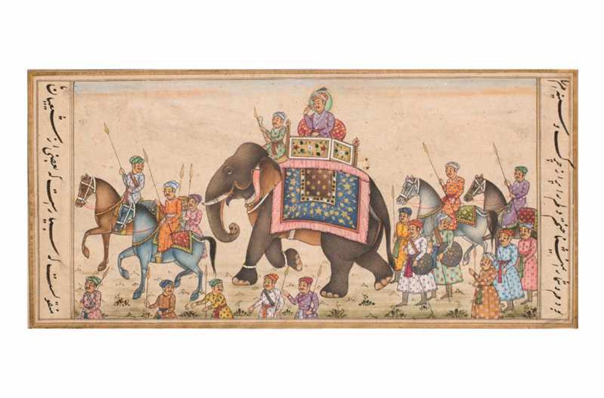 Gekleurde tekening van een Radja op olifant met soldaten en ruiters. Verso met tekst. India, 19e