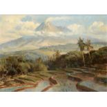 Raden Basoeki Abdullah (1915-1993), 'View of a sawah with the Merapi in the background', signed