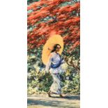 Willem Jan Pieter van der Does (1889-1966), 'Indonesian woman with parasol walking under a