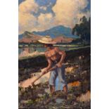 Leo Eland (1884-1952), 'Working on the paddy field', signed lower left, panel, 30 x 19 cm.