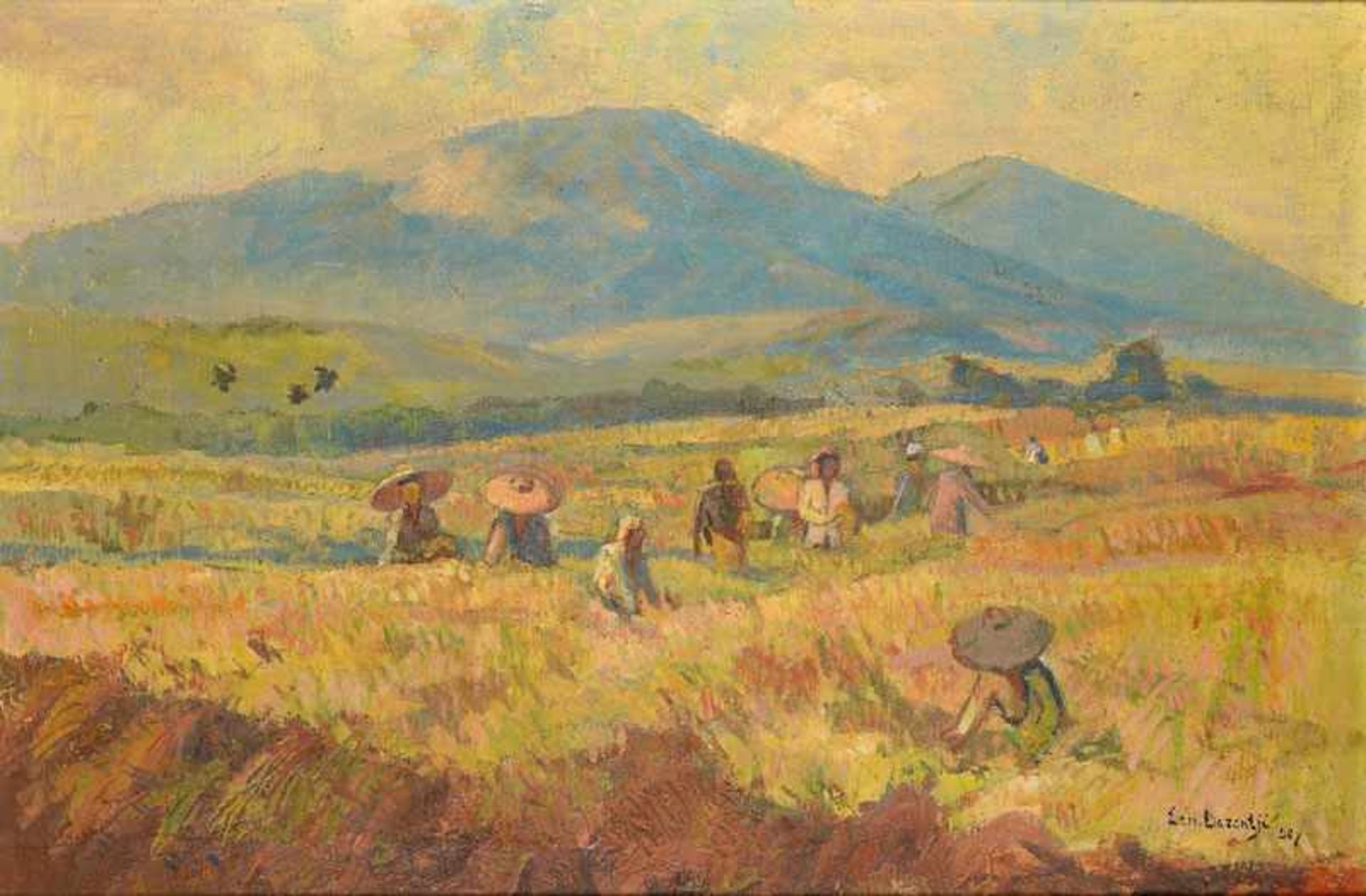 Ernest Dezentjé (1885-1972), 'The rice harvest', signed and dated '48 lower right, burlap (