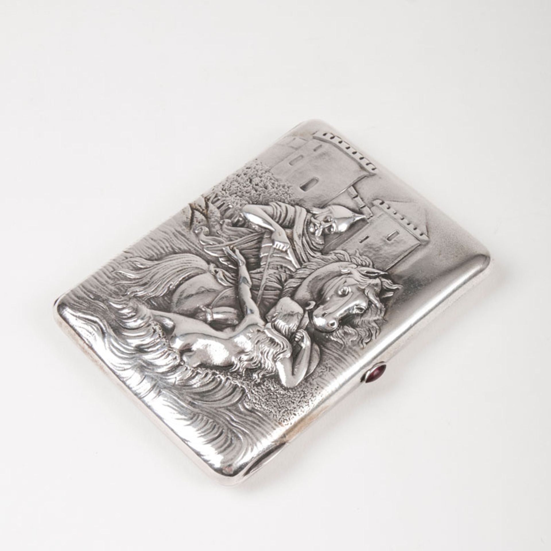 A russian cigarette case 'Knight and Mermaid' Moscow, 1908-27. Silver, stamped, '84', indistingt MM.