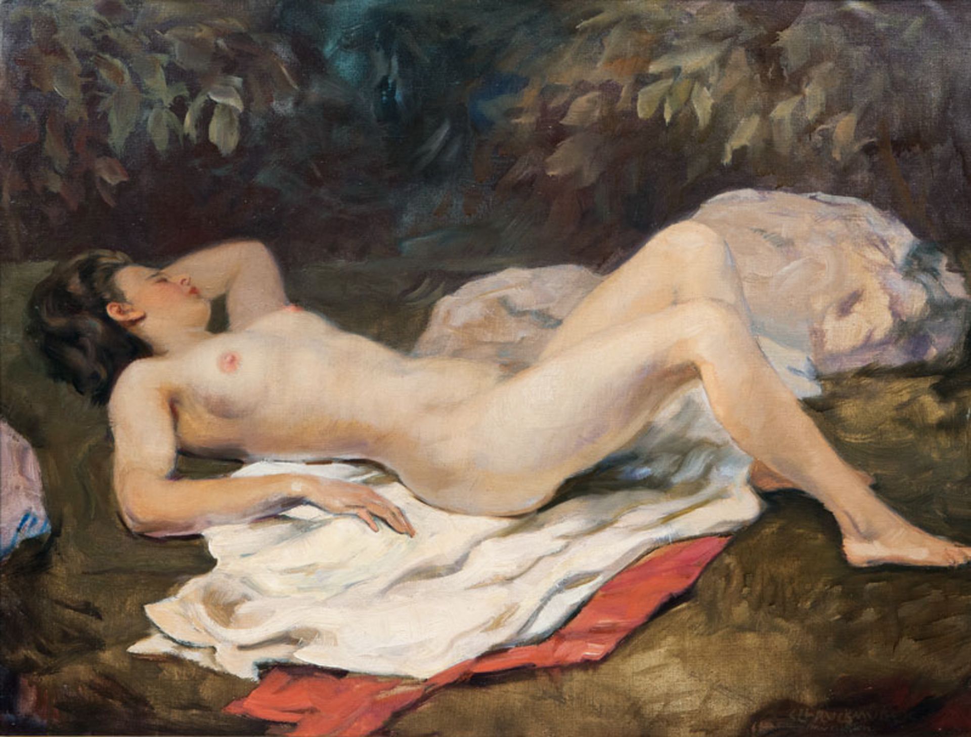 Schluckmüller, Fritz Figure Painter, active 20th cent. Lying Nude Oil/canvas, 60,5 x 80 cm, lo.