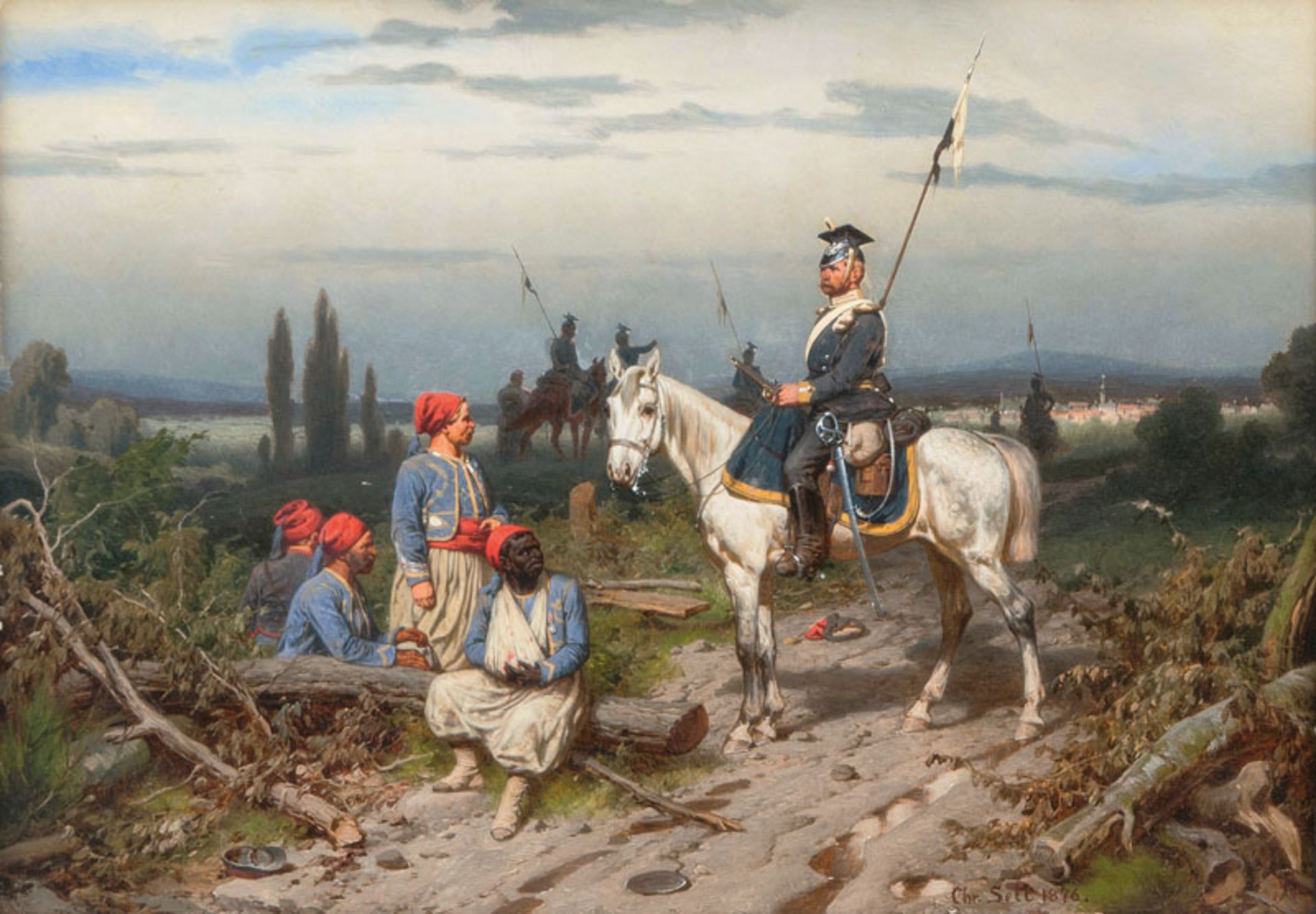 Sell d.Ä., Christian (Hamburg 1831 - Düsseldorf 1883) A Prussian Uhlan guarding French Zouaves Oil/