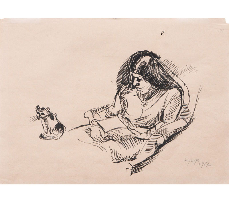 Pechstein, Hermann Max (Zwickau 1881 - Berlin 1955) Charlotte Woman with Cat Pen a. ink drawing,