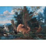 German Animal Painter active 18th cent. Hound and Birds Oil/canvas, 47,5 x 64,5 cm, some rest.,