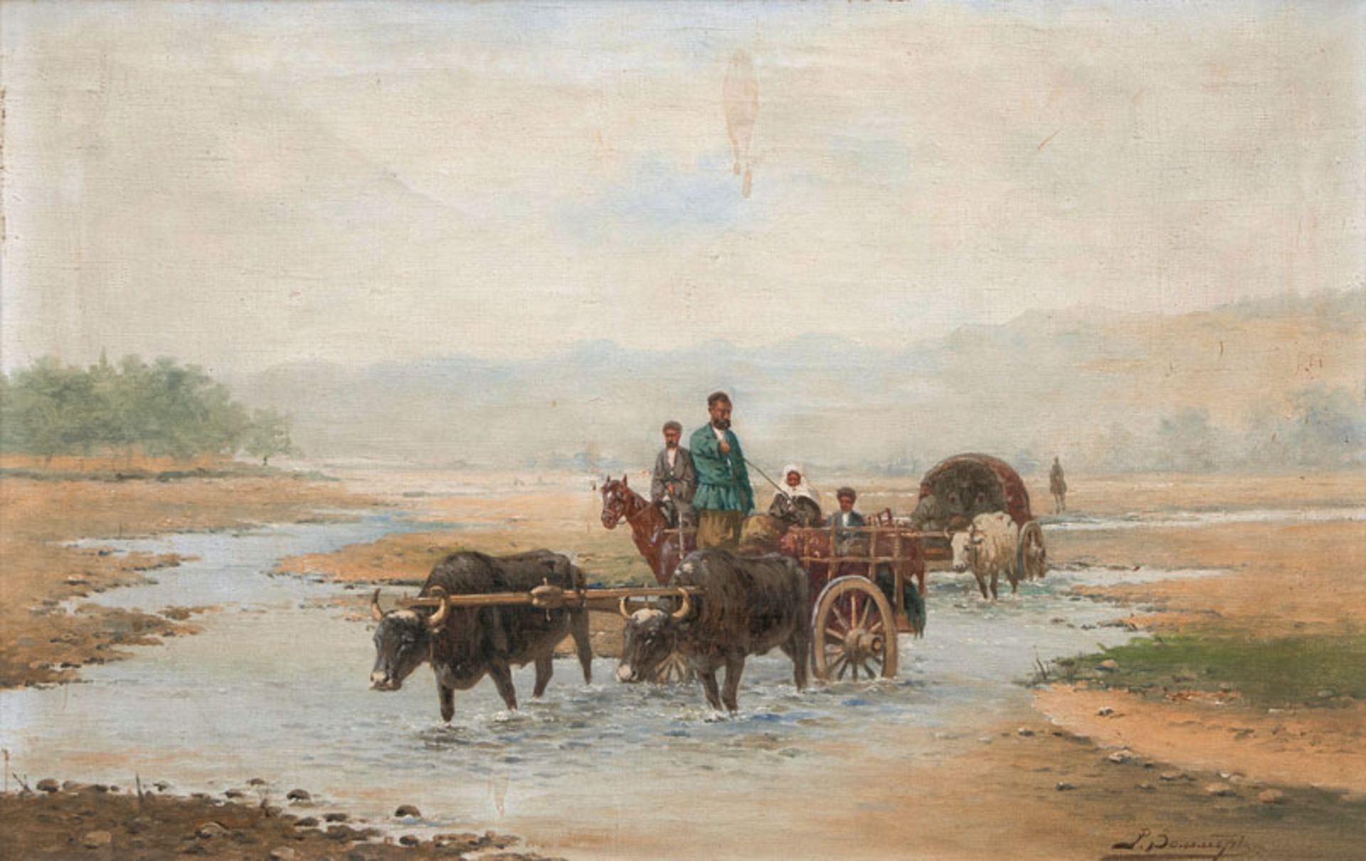 Zommer, Rikhard-Karl Karlovich (München 1866 - 1939) An Oxen Carriage passing a River Oil/canvas,