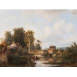 Johannes Wernardus Bilders (Utrecht 1811 - Oosterbeek 1890) Landschaft mit Fischern auf einem