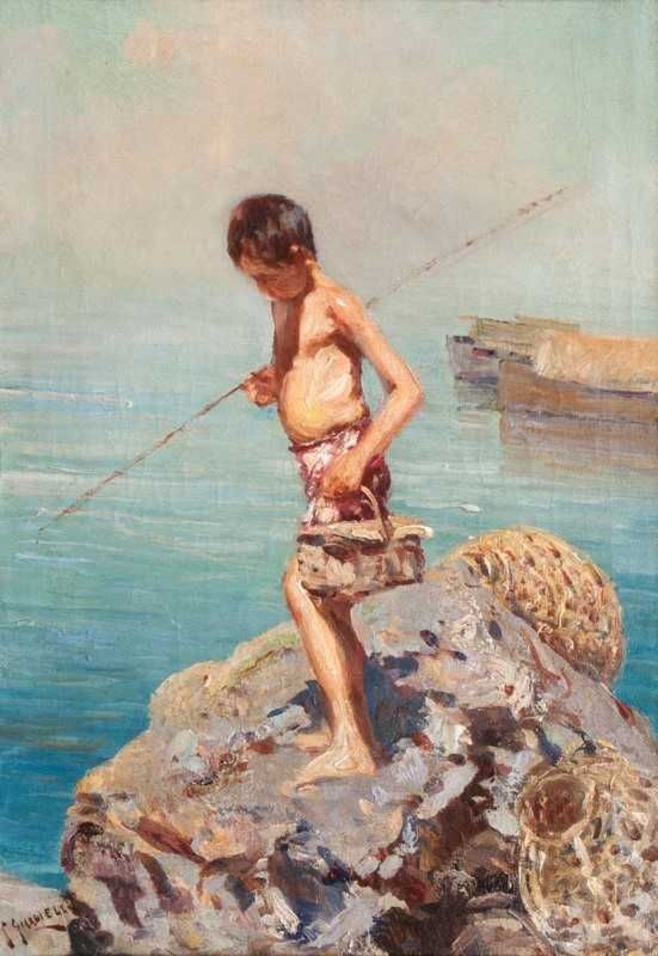 Giuseppe Giardiello (Neapel 1887 - Neapel 1920) Kleiner Angler auf den Felsen Öl/Lw., 48 x 34 cm, l.