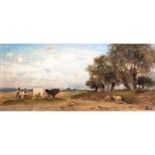 Adolf Lier (Herrnhut 1826 - Wahren/Brixen 1882) Landschaft mit Ochsengespann Öl/Holz, 20,5 x 44,5