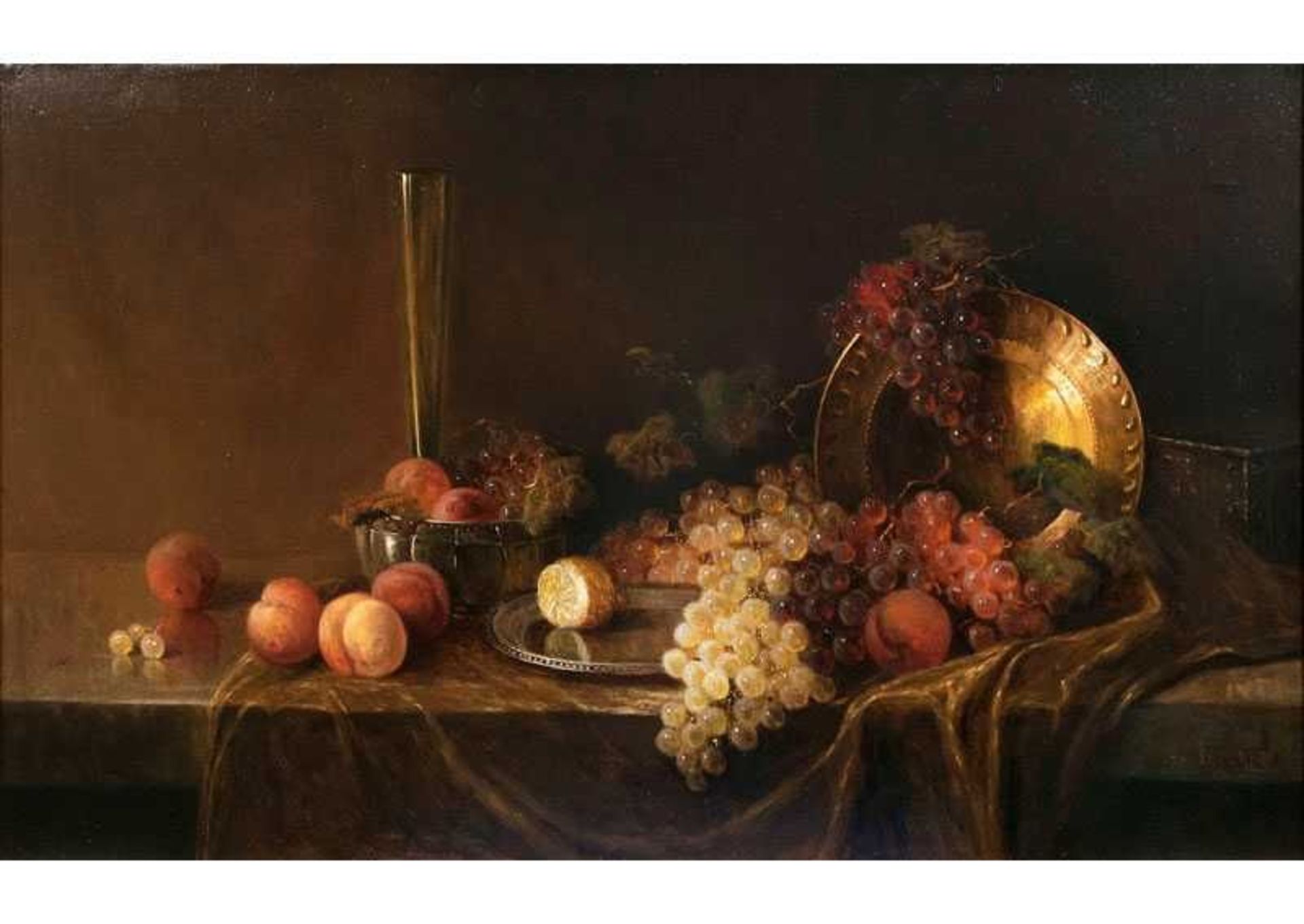 R. Eckardt tätig um 1900 Tafelstilleben mit Früchten Öl/Lw., 62,5 x 100 cm, r. u. sign. R.