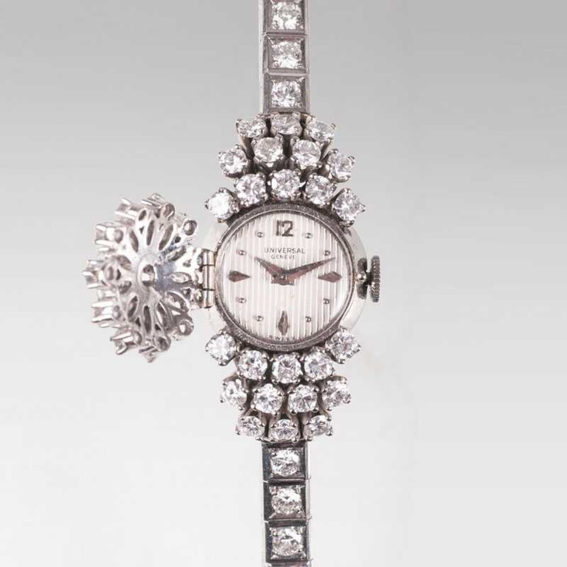 Vintage Damen-Armbanduhr von Universal mit reichem Diamant-Besatz Um 1950. 18 kt. WG, gest. - Bild 2 aus 2
