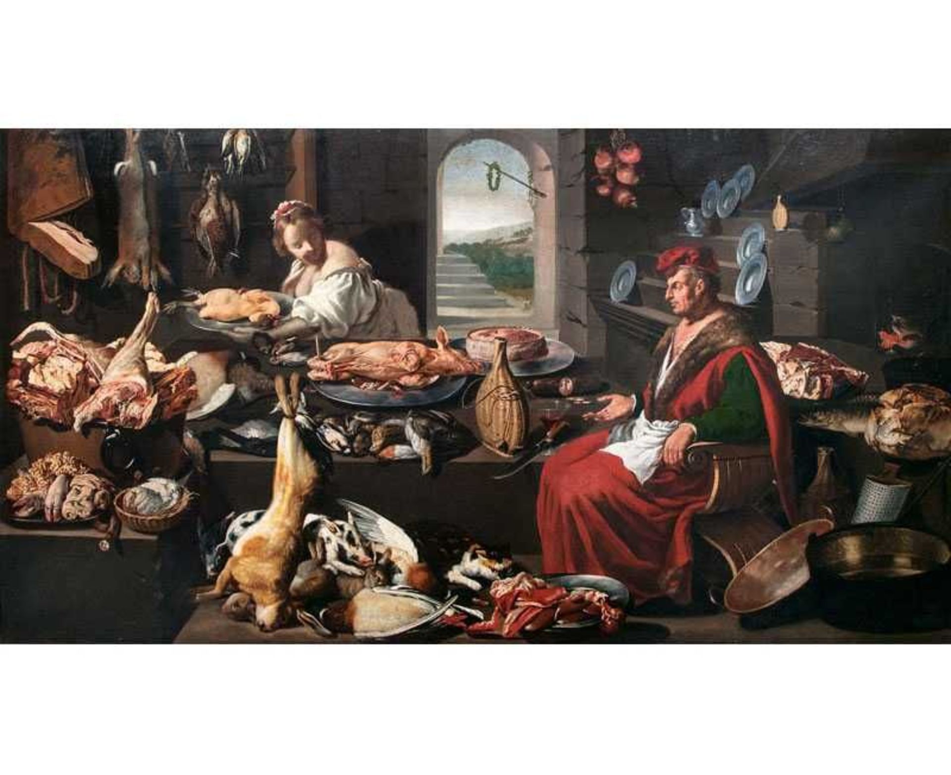Italienische Schule um 1630 Großes Küchenstück Öl/Lw., 150 x 269 cm, etw. rest., doubl. - Die