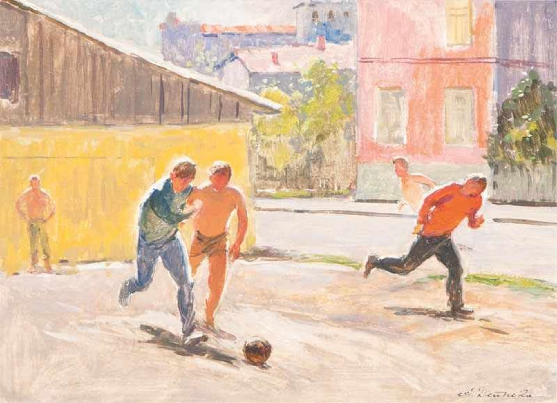 Alexander A. Deineka (1899 - 1969), zugeschr. Straßenfußball Öl/Karton, 31 x 42 cm, r. u. kyrillisch