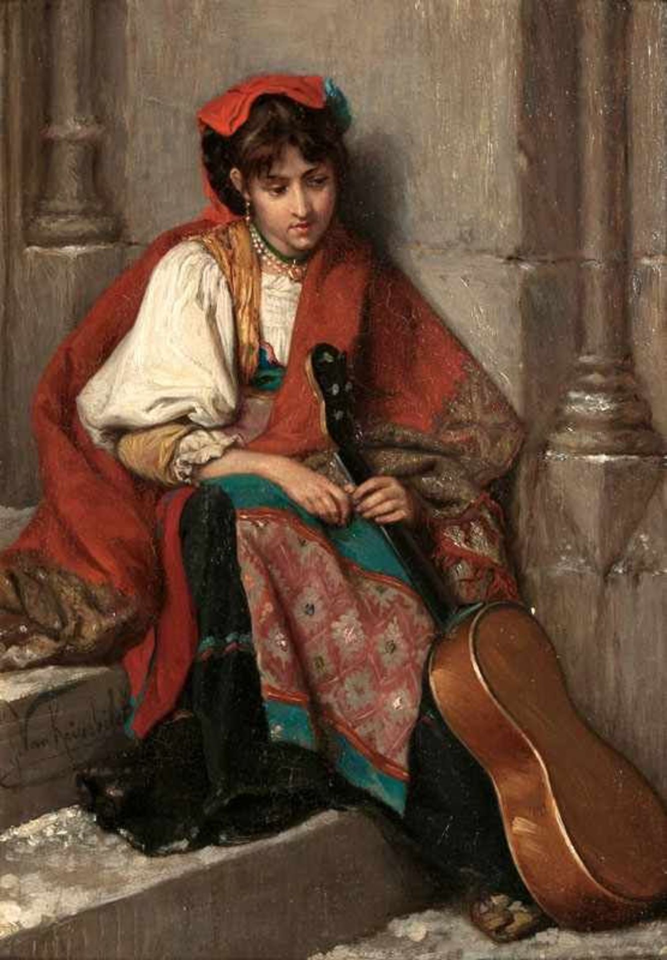 Jules van Keirsbilck (Gent 1833 - Brüssel 1896) Mädchen mit Gitarre Öl/Holz, 32 x 23 cm, l. u. sign.