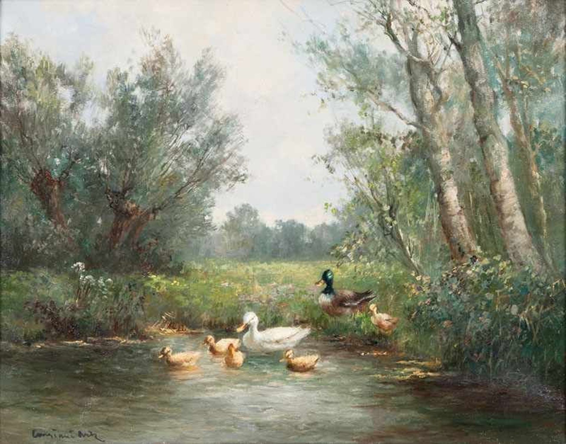 Constant Artz (Paris 1870 - Soest 1951) Entenfamilie auf dem Weg ins Wasser Öl/Lw., 39,5 x 50 cm, l.