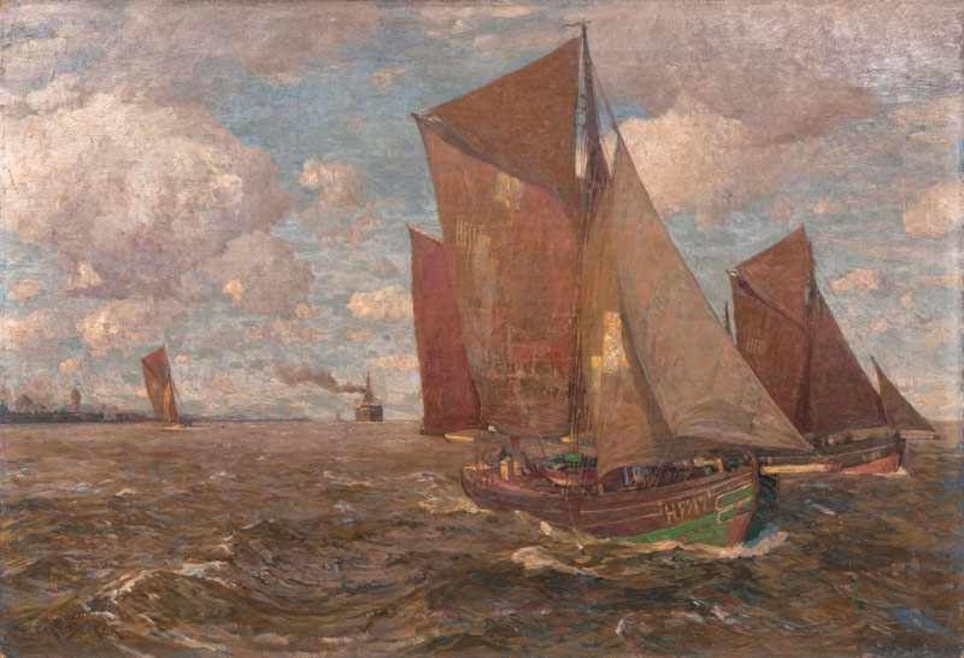 Carl Becker (Hameln 1862 - Hamburg 1926) Fischerboote auf der Unterelbe Öl/Lw., 58,5 x 80,5 cm, l.