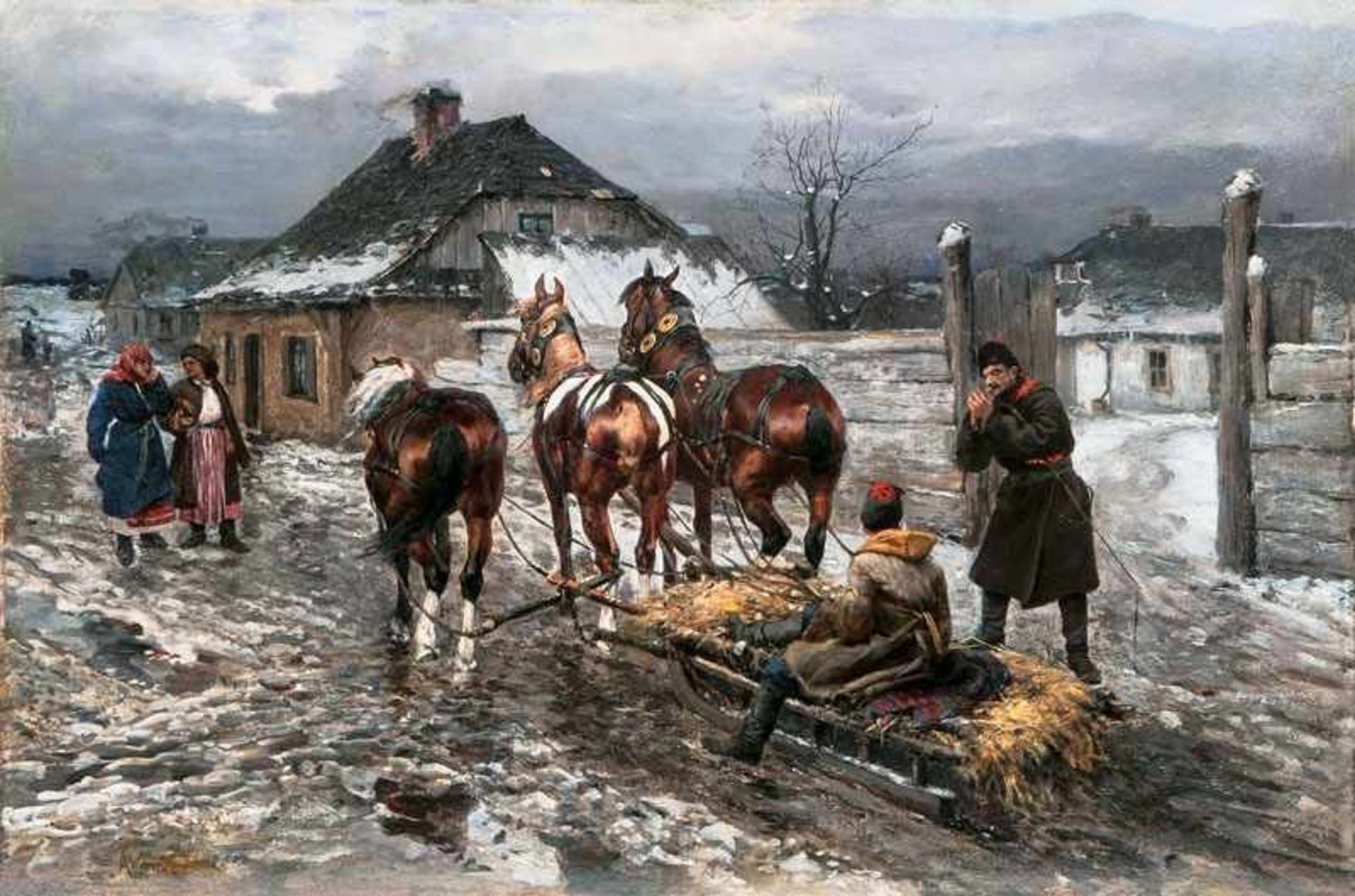Bohdan von Kleczynski (Dubno 1851 - Krakau 1920) Bereit zum Aufbruch 1883, Öl/Holz, 49,5 x 75 cm, l.