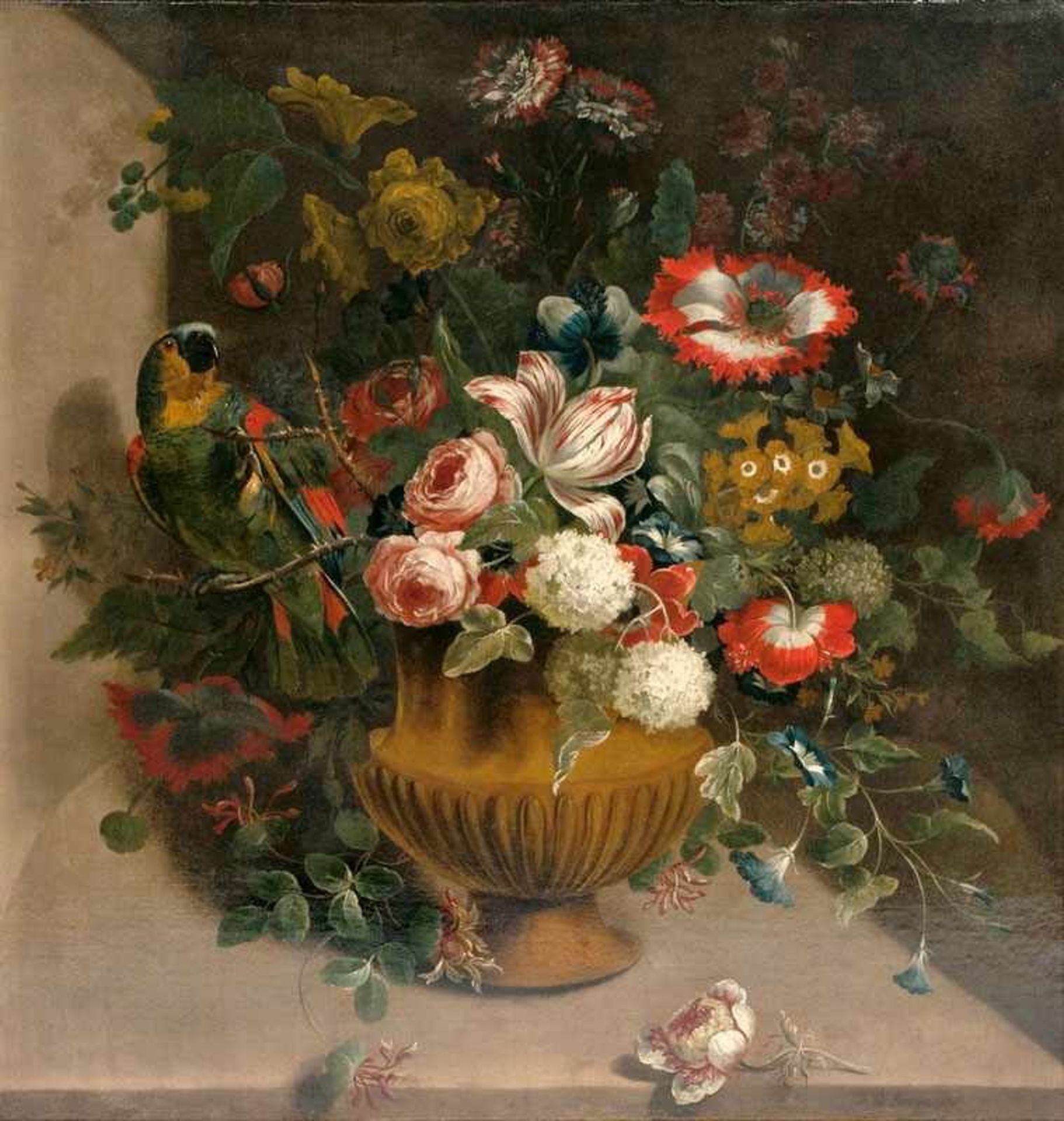 Jean-Baptiste Monnoyer (Lille 1636 - London 1699) Blumenarrangement mit Papagei Öl/Lw., 98 x 89