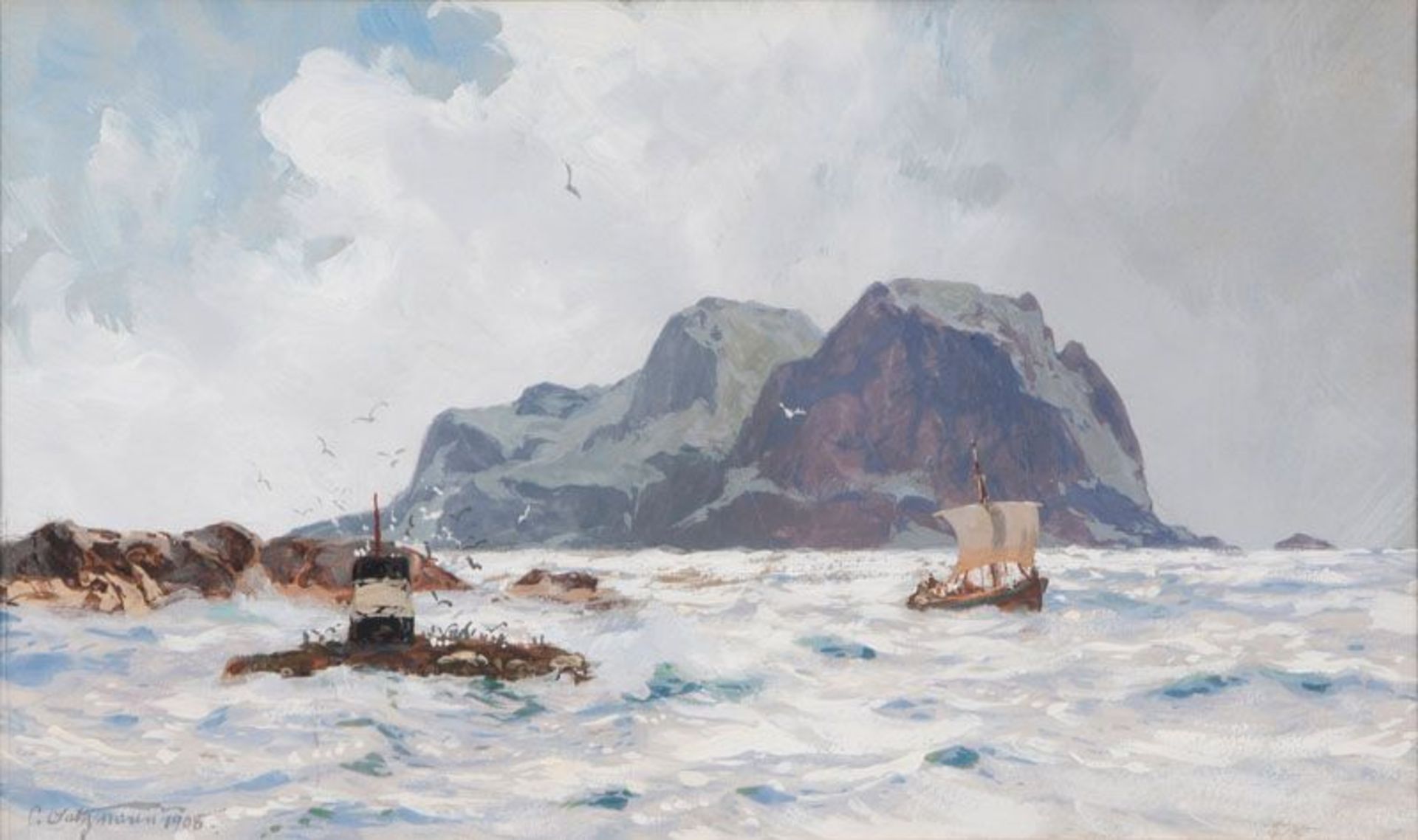 Carl Saltzmann (Berlin 1847 - Berlin 1923) Vor der Küste Norwegens Gouache, 19,5 x 33,5 cm, l. u.