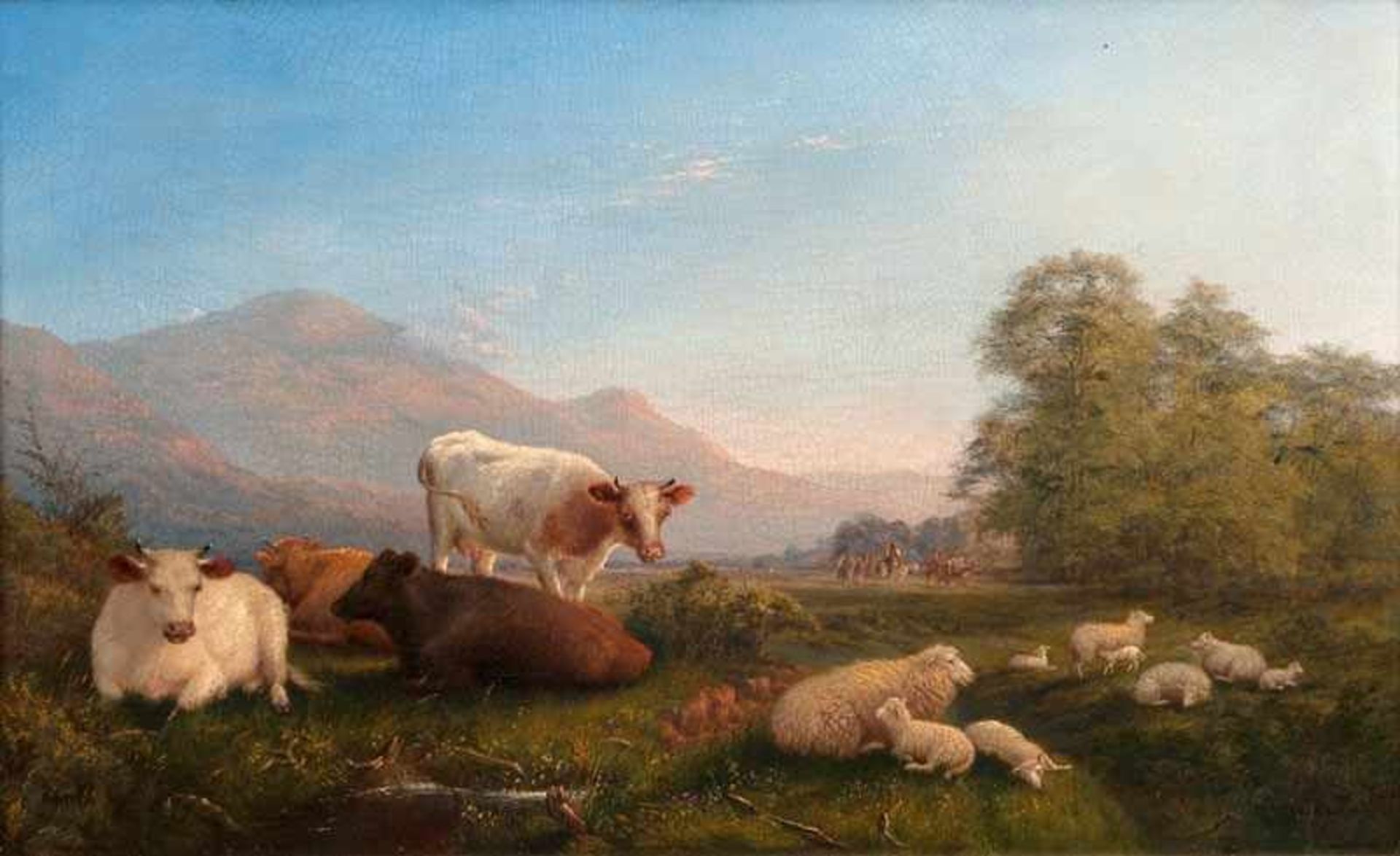 Charles Collins (Hamptsead 1851 - London 1921), zugeschr. Kühe und Schafe Öl/Lw., 43,5 x 71 cm, r.