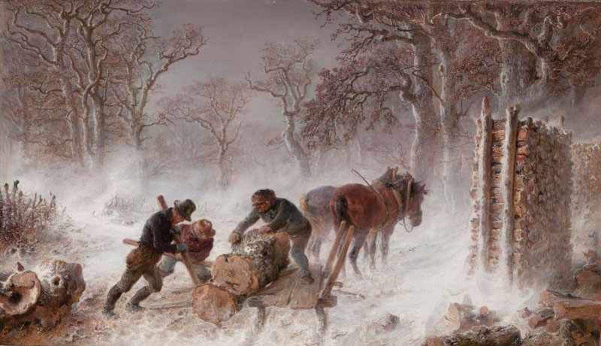 Hermann Kauffmann (Hamburg 1808 - Hamburg 1889) Holztransport im Winterwald Öl/Lw., 42 x 68,5 cm, r.