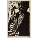 Peter Clarke (South African 1929-2014) SAXOPHONIST woodcut, signed, dated 23.10.1962, numbered 10/19