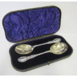 A CASED PAIR OF EDWARDIAN SILVER SERVING SPOONS, WILLIAM HUTTON & SONS LTD, LONDON, 1909 each chased
