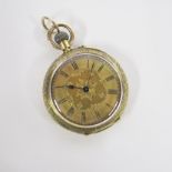 A LADY'S 18CT GOLD OPEN-FACED POCKET WATCH the circular gilt dial with black Roman numerals, outer