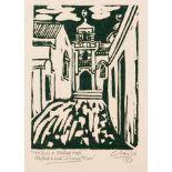Peter Clarke (South African 1929-2014) MOSQUE & ALFRED HALL, ALFRED LANE, SIMON'S TOWN woodcut,