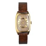 AN 18CT GOLD WRISTWATCH, JAEGER-LECOULTRE VOGUEMATIC automatic, the rounded rectangular brown dial