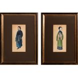 A PAIR OF CHINESE WATERCOLOUR PAINTINGS, 19TH CENTURY depicting a standing mandarin in traditional