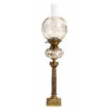 A HINKS NO.2 DUPLEX BRASS AND ONYX PARAFFIN LAMP the engraved globular glass shade above a cut-glass