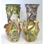 TWO INTU-ART 'GIRAFFE' VASES, MODERN each tapering ovoid body with elongated neck painted and