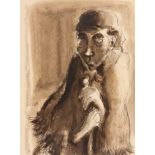 Iris Ampenberger (South African 1916-1981) WOMAN WITH CANE signed watercolour and charcoal on