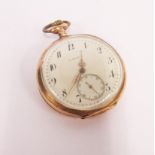A 14CT GOLD OPEN-FACED POCKET WATCH, ORION the circular white dial with Arabic numerals and outer
