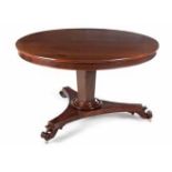 A VICTORIAN MAHOGANY TILT-TOP CENTRE TABLE the circular top above a plain frieze, faceted tapering