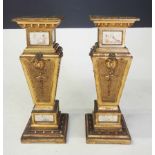 A PAIR OF FRENCH WOODEN, PORCELAIN-MOUNTED AND GILT-PAINTED PLINTHS, 19TH CENTURY each square top