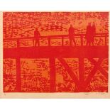 Peter Clarke (South African 1929-2014) FIGURES ON A BRIDGE colour woodcut, signed, numbered 11/13