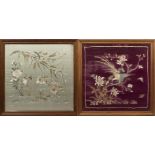 TWO CHINESE SILK EMBROIDERED PANELS, LATE 19TH CENTURY square, one depicting two chicks amongst