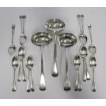 AN ASSEMBLED SET OF SILVER CUTLERY, VARIOUS MAKER’S AND DATES, LONDON, SHEFFIELD AND EXETER, 1819-