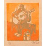 Peter Clarke (South African 1929-2014) THE MUSICIAN woodcut printed in colours,  signed, numbered
