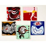 FIVE CERAMIC TILES DEPICTING ORIGINAL DESIGNS BY LEADING SOUTH AFRICAN ARTISTS, CIRCA 1970