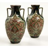 A PAIR OF DOULTON & SLATERS PATENT STONEWARE TWO-HANDLED VASES BY MARY GOODE AND EMMA ROBERTS,