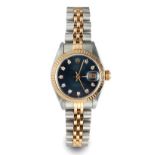 A LADY'S DIAMOND-SET TWO-TONE WRISTWATCH, ROLEX DATEJUST automatic, the circular midnight-blue