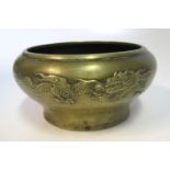 A JAPANESE BRONZE 'DRAGON' BOWL, MEIJI, 1868-1912 of squat baluster form, moulded on either side