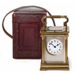 A FRENCH BRASS EIGHT-DAY REPEATER CARRIAGE CLOCK, WITH ORIGINAL LEATHER CARRYING CASE, CIRCA 1900