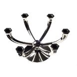 A PORTUGUESE SILVER SIX-LIGHT CANDELABRA of Art Deco design, raised on a circular base, some repairs