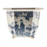 A CHINESE BLUE AND WHITE TRANSFER PRINTED JARDINIERE, 20TH CENTURY the hexagonal body with maidens